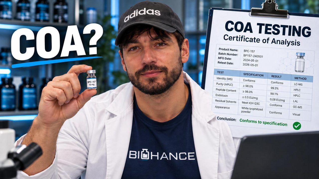 Jan holding a vial next to a certificate of analysis
