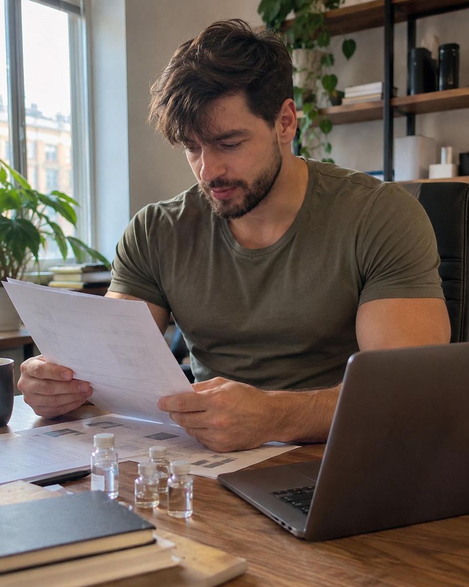 Jan reading a lab report at his desk